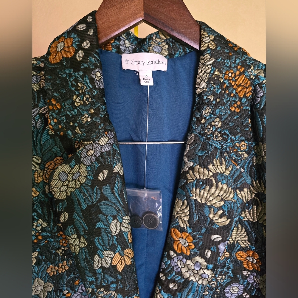 Stacy London Floral Brocade Blazer Teal Multi 16 - Picture 4 of 6